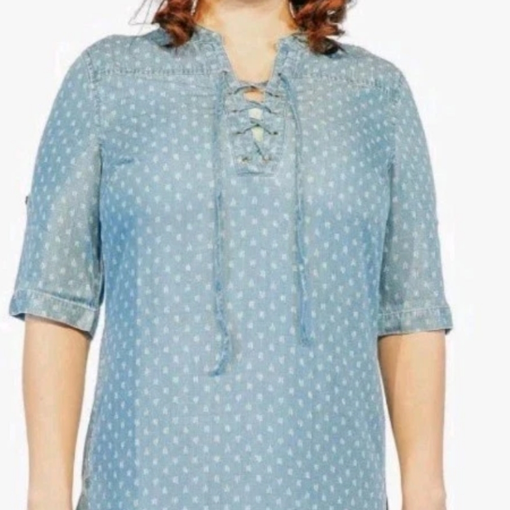 Philosophy Tunic Shirt Dress Woman Large Blue Raindrop Print Tencel Lace Up Nwt - Picture 14 of 14
